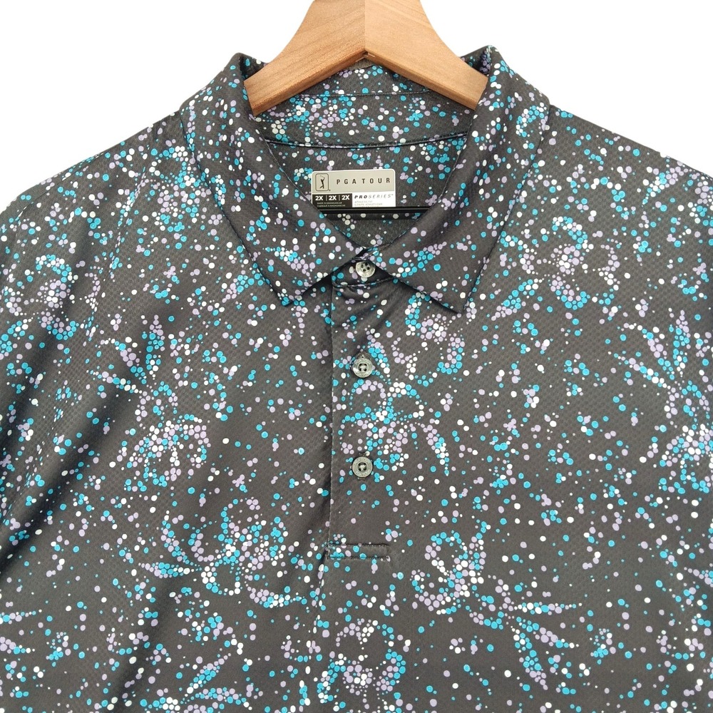 PGA‎ Tour Golf Shirt Mens 2XL Floral Dots Geometric Pro Series Performance 54x32